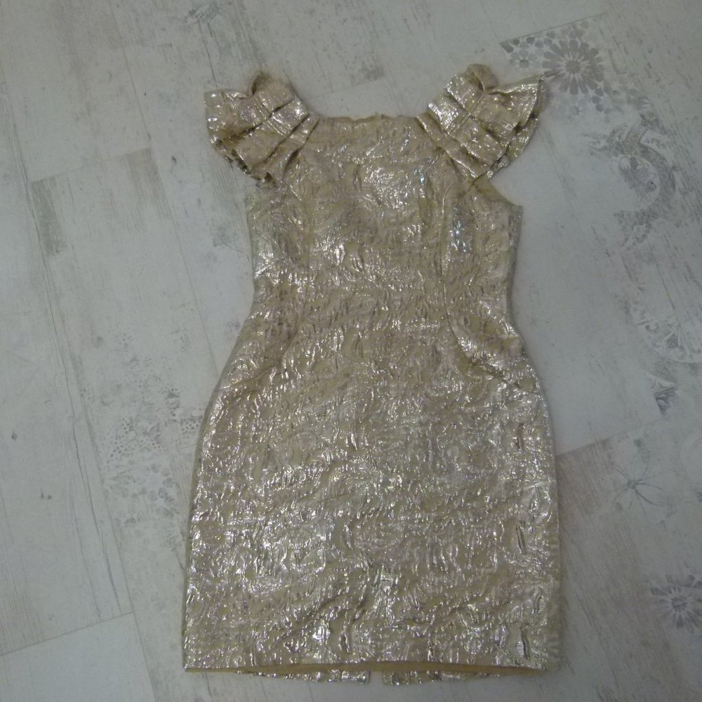 Marchesa Gold Ruffle Sleeve Dress